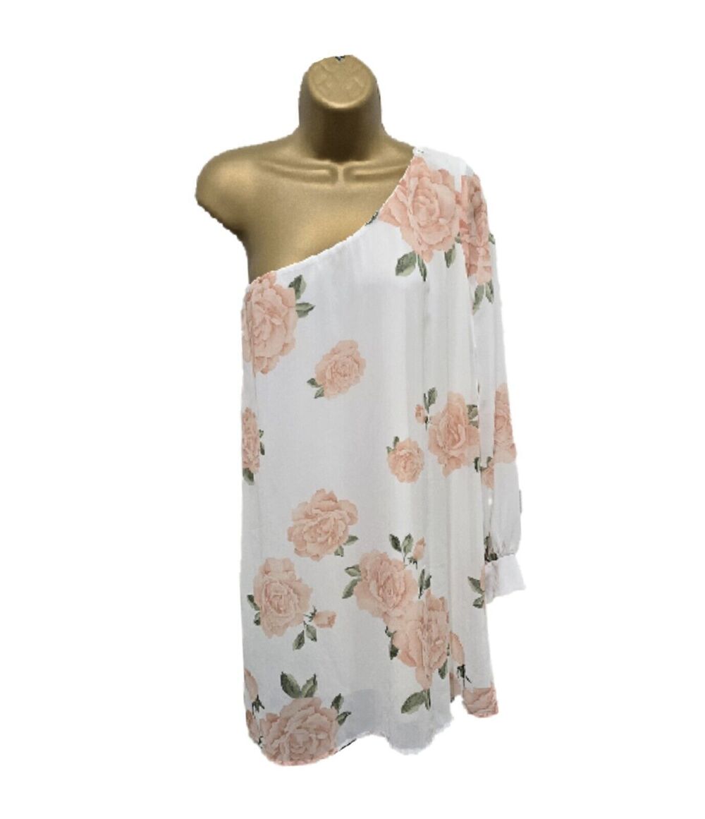 One Shoulder Floral Dress Lg Cream Peach Sheer Lined Feminine Guest Cocktail USA